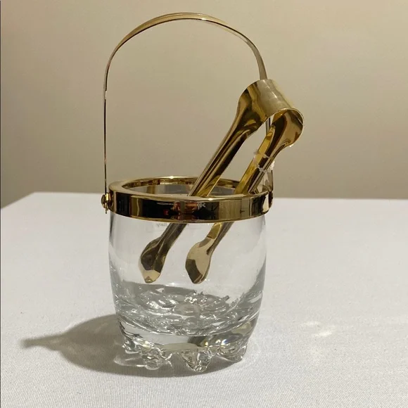 Small Crystal Ice Bucket with Gold Color Metal Trim and Ice Tong Made in Italy - Picture 5 of 10